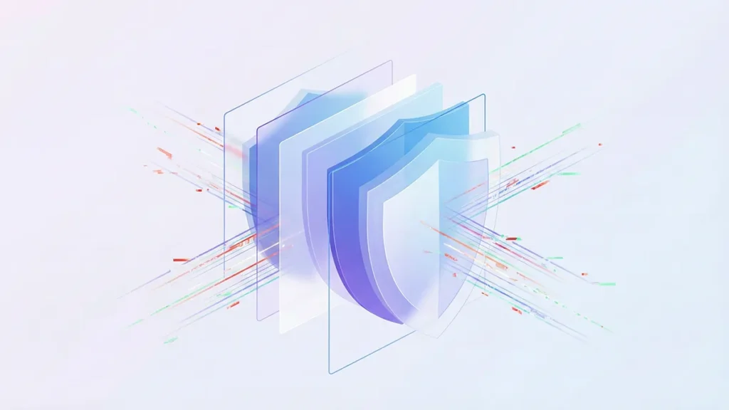 Abstract layered shields blocking malicious data streams, representing prompt injection defense.