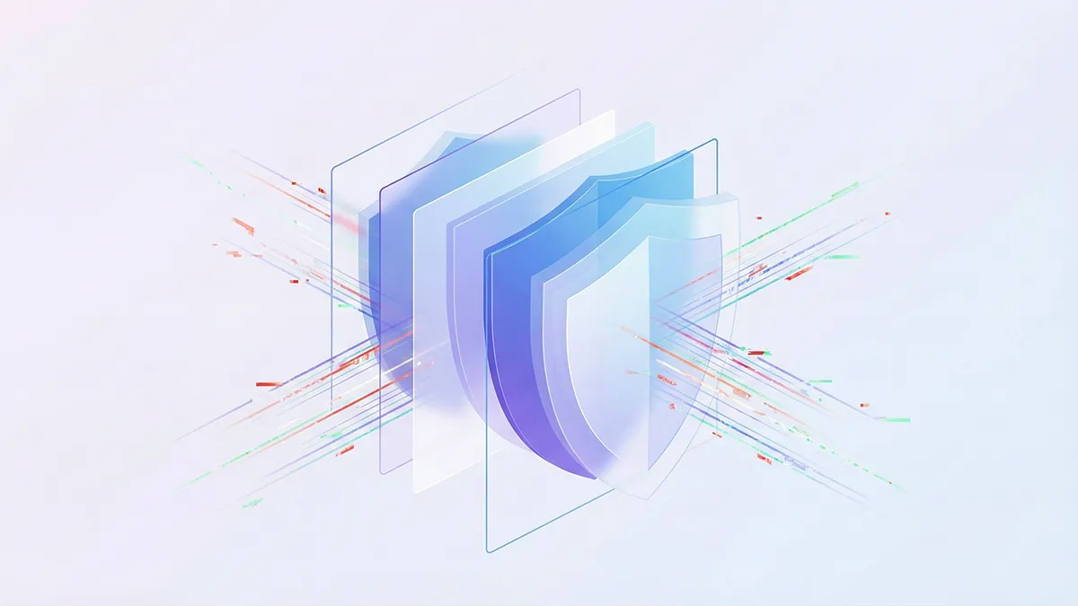 Abstract layered shields blocking malicious data streams, representing prompt injection defense.