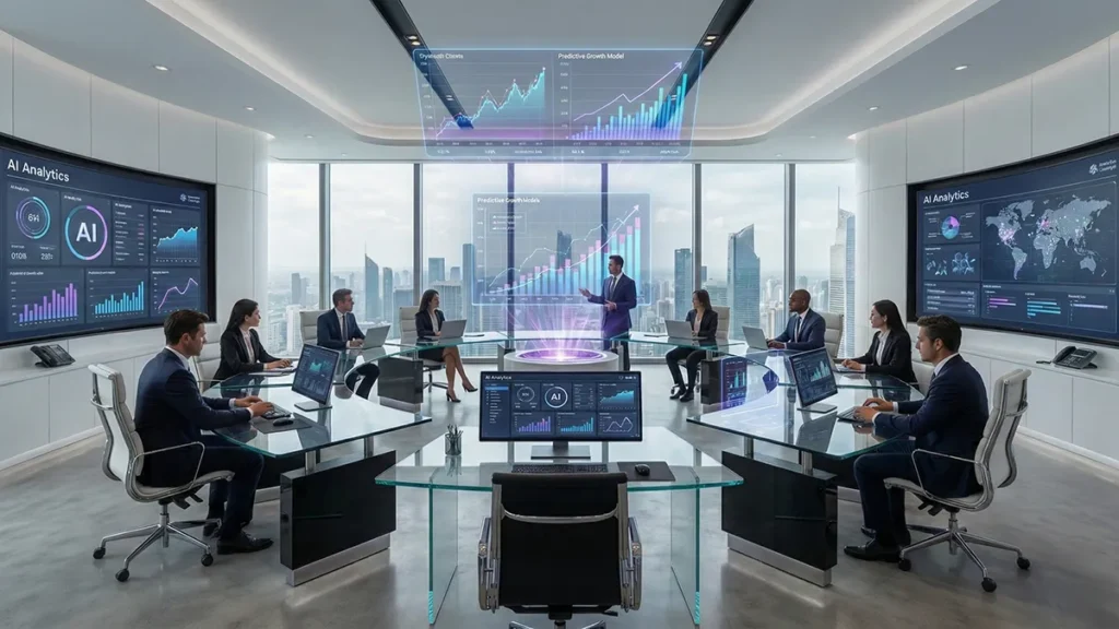 AI business strategy meeting with executives analyzing predictive analytics dashboards in a modern boardroom.