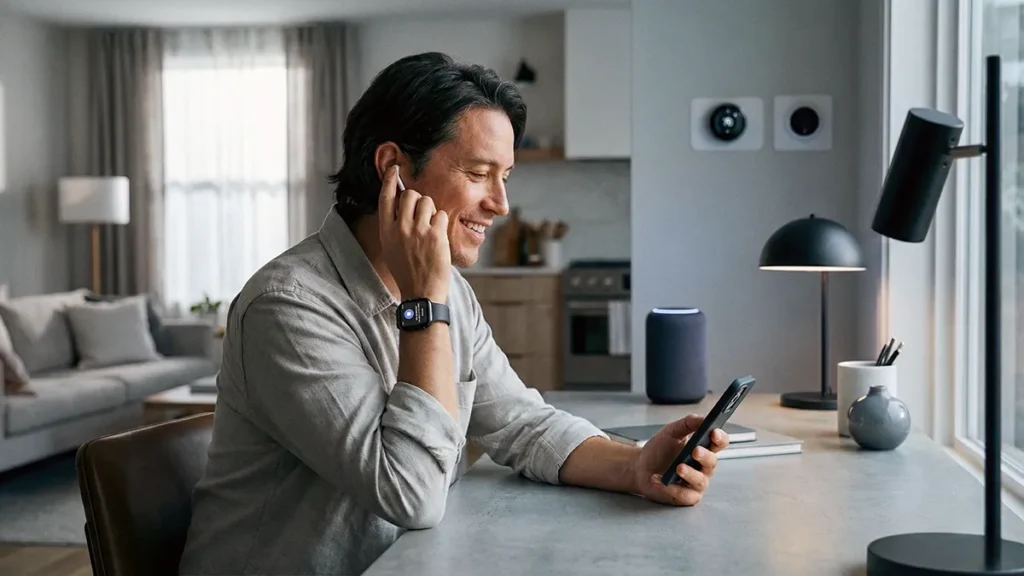 AI devices integrated into everyday life as a person uses wireless earbuds, smartwatch, smartphone, and smart home assistant in a modern home environment.