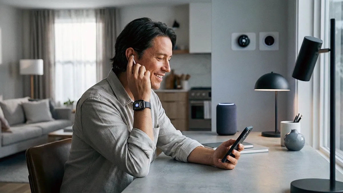AI devices integrated into everyday life as a person uses wireless earbuds, smartwatch, smartphone, and smart home assistant in a modern home environment.