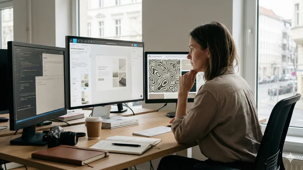Creative professional working with AI-assisted tools in a modern media workspace, illustrating the AI impact on creativity and cultural production.