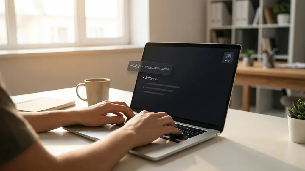 AI laptops with NPUs in a modern productivity workspace.