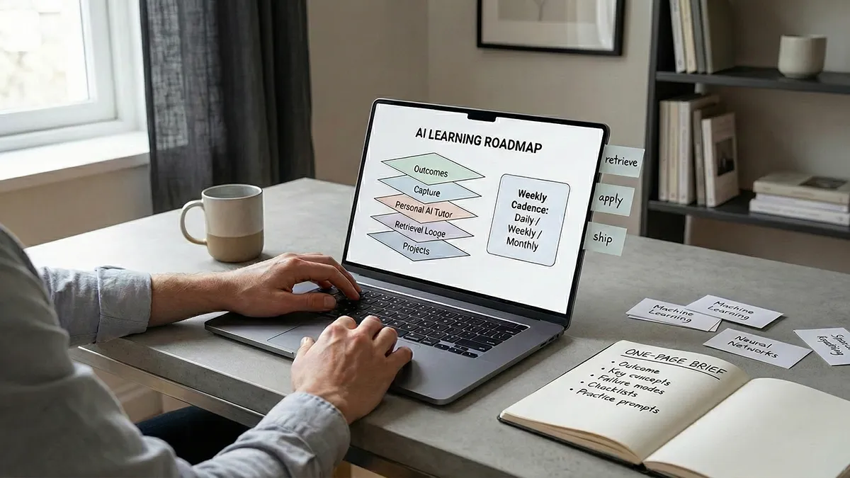 Professional using an AI learning roadmap with a personal AI tutor, one-page brief, and spaced repetition.