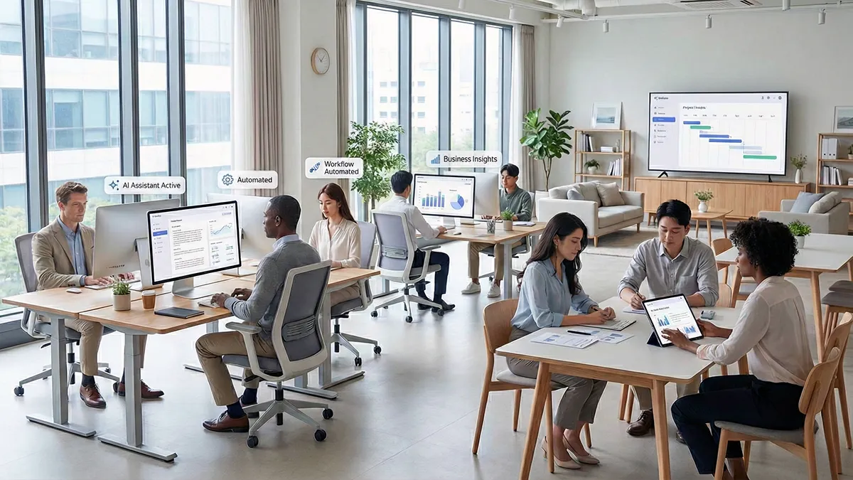 AI automation and productivity in a modern collaborative workplace.
