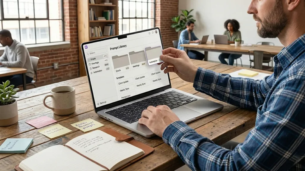 AI prompt manager organizing a prompt library workflow with versioning.