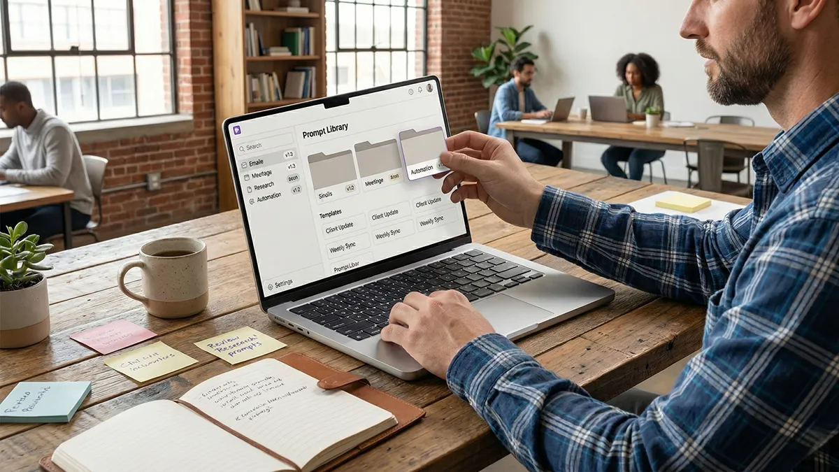 AI prompt manager organizing a prompt library workflow with versioning.