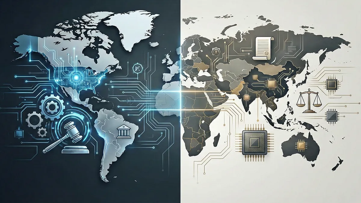 Global map illustrating how AI regulation is reshaping technology governance, semiconductor policy, and digital infrastructure worldwide.