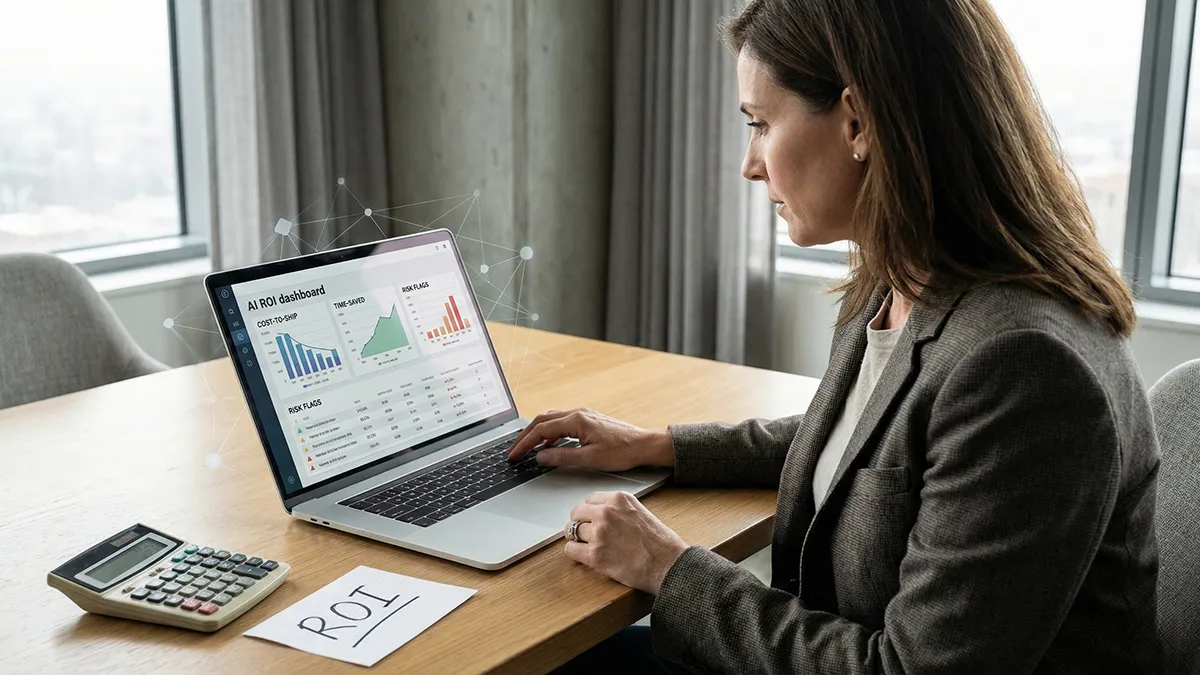 AI ROI framework dashboard showing costs, value streams, and proof loops.