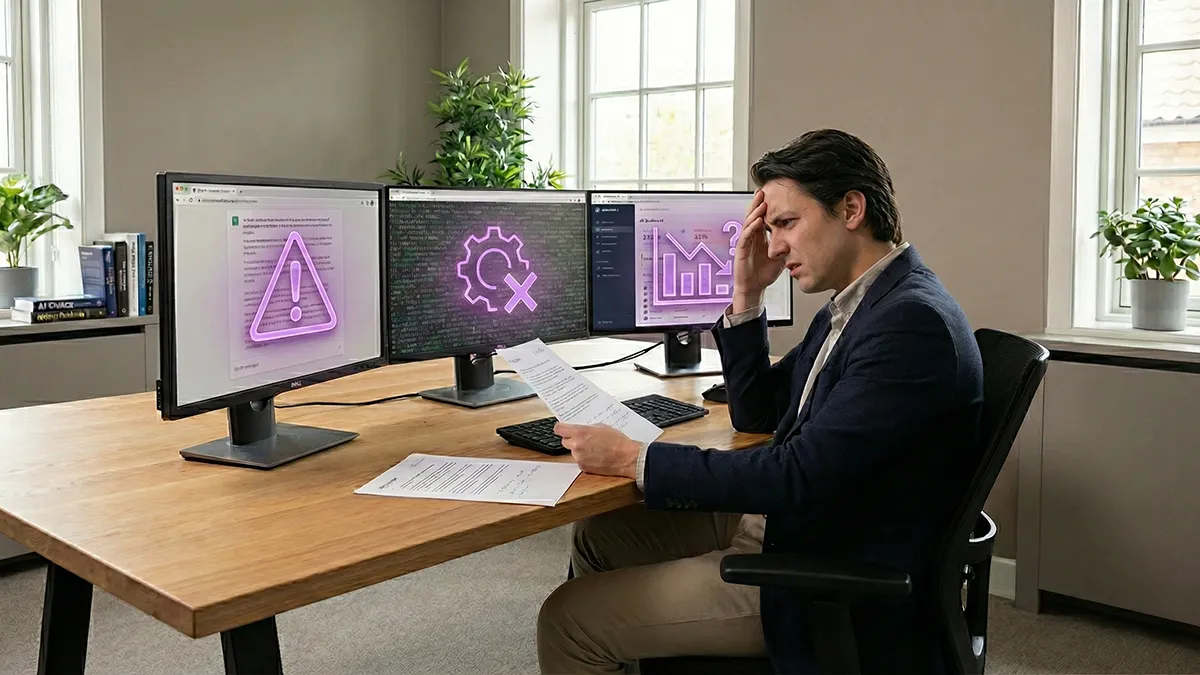 AI tools limitations shown through a professional evaluating imperfect AI outputs and warnings on multiple screens in a modern workspace.