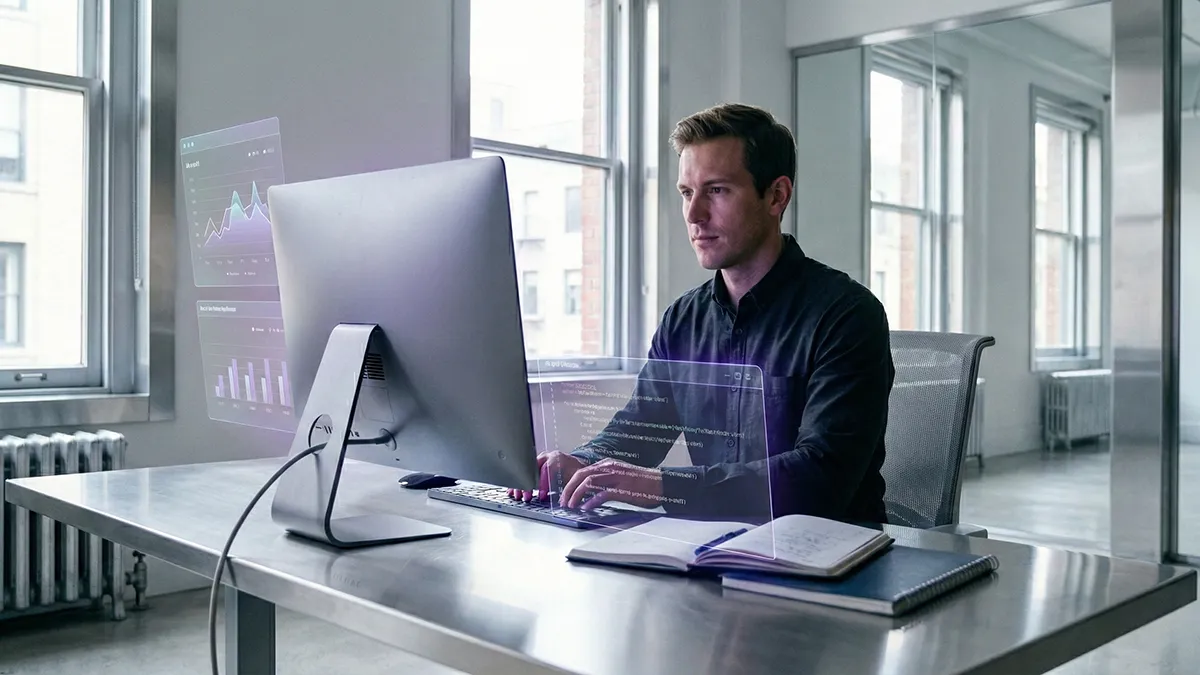Professional using AI tools with digital interfaces in a modern workspace.