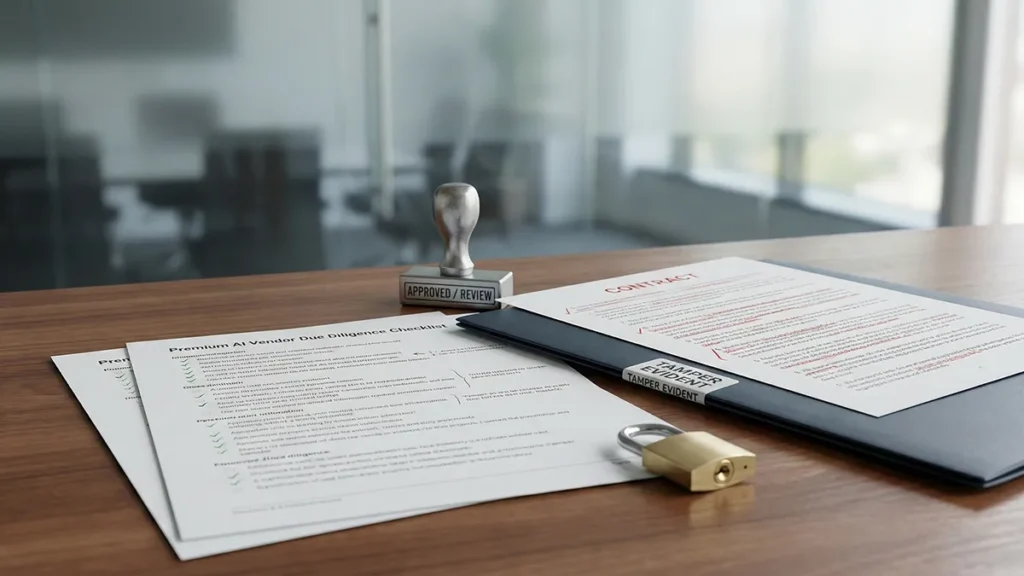AI vendor due diligence checklist showing contract review, security controls, and audit verification.