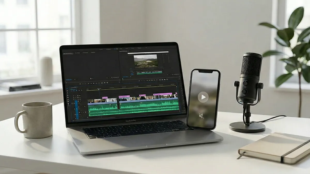 AI video dubbing workflow on a creator desk with multi-track audio.