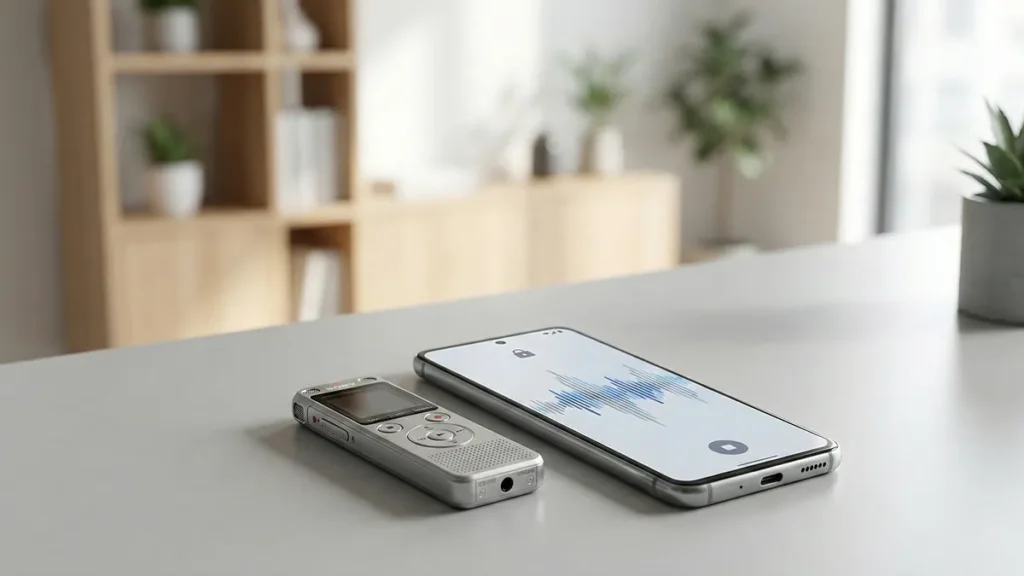 AI voice recorder for meetings on a modern desk with a discreet privacy lock icon.