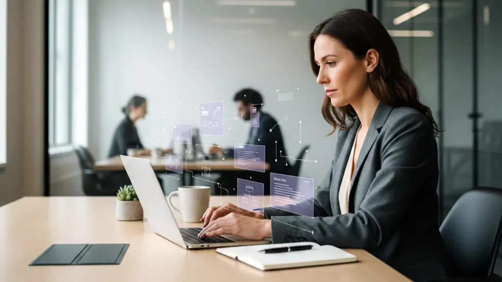 Professional using AI tools to reduce cognitive load during focused work in a modern office.