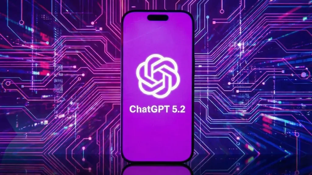 GPT-5.2 agent workflows illustrated on a ChatGPT 5.2 mobile screen with circuit-style AI background.