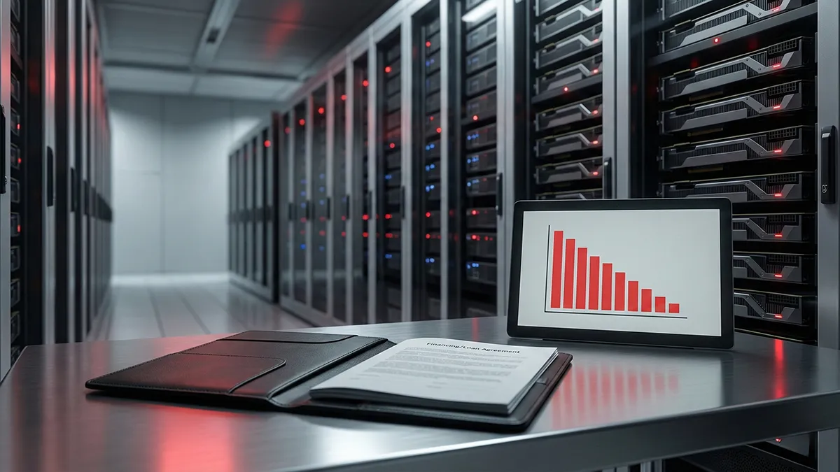 GPU-backed loans for AI illustrated by data center servers used as collateral.