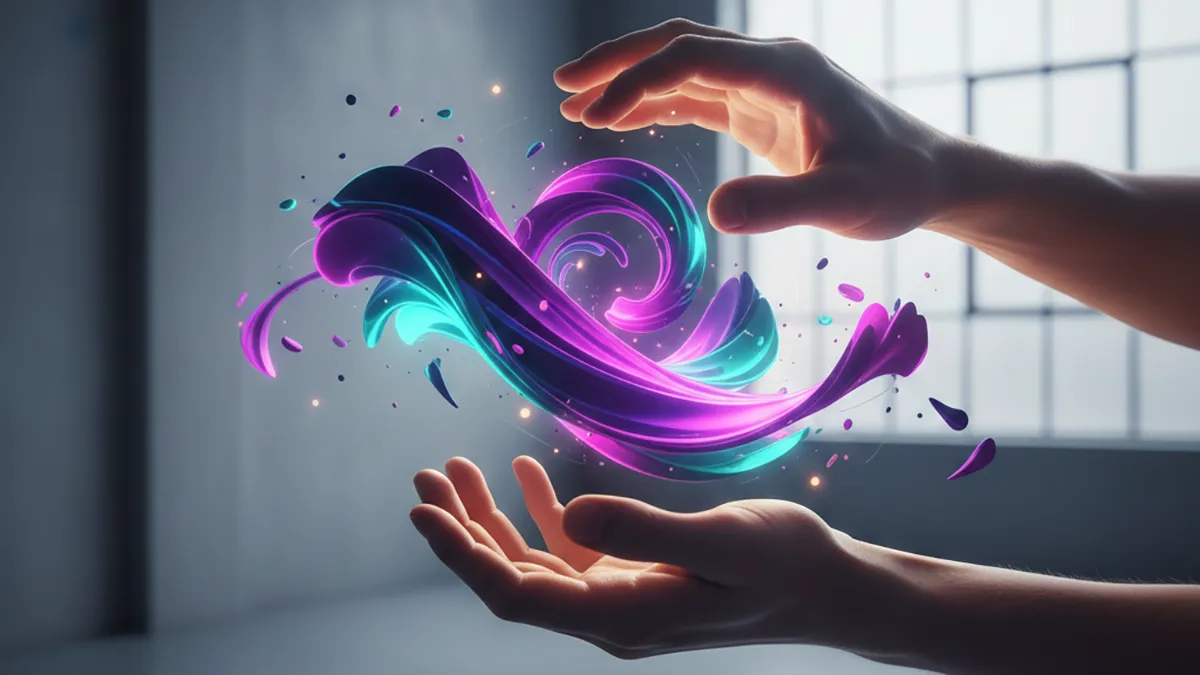 Machine-assisted creativity illustrated by abstract purple and teal generative shapes floating between human hands.