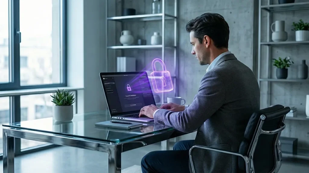 Privacy-first local AI workflow on a laptop in a modern workspace.